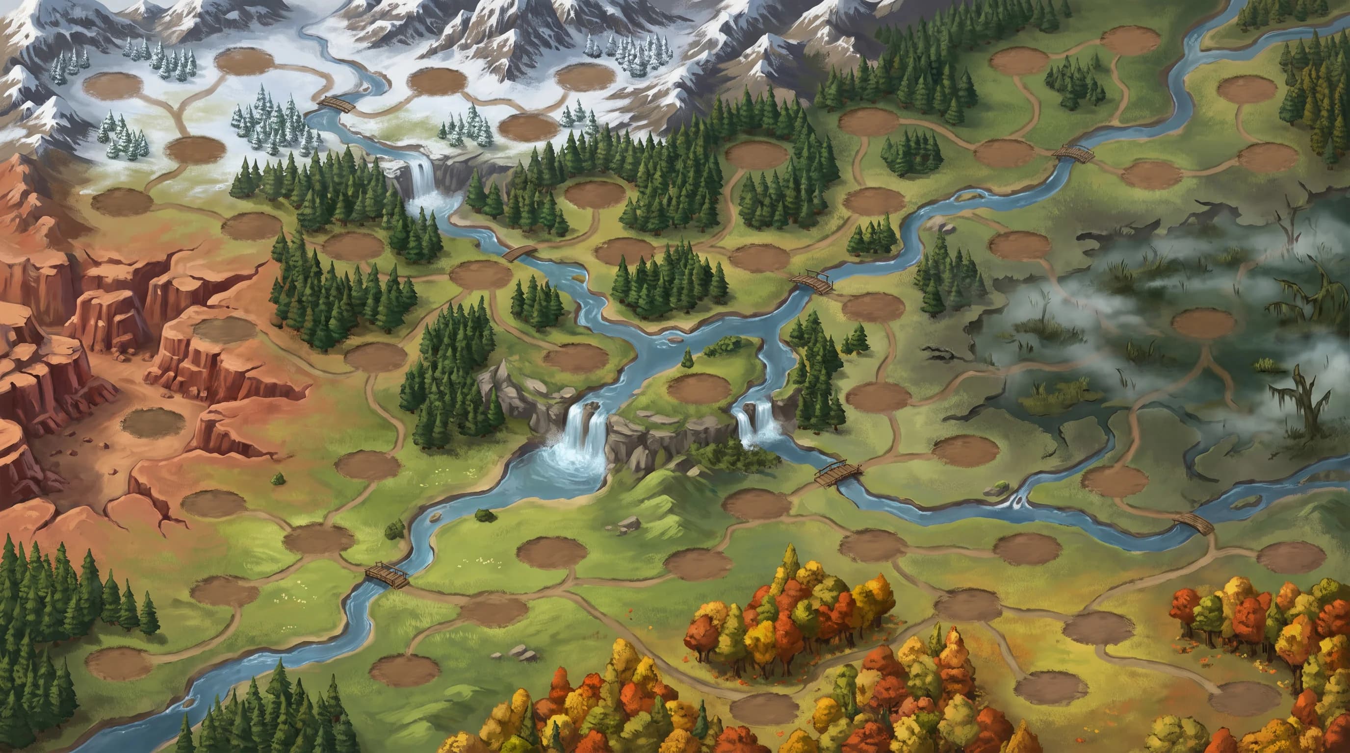 Malovaná mapa kraje s řekami, lesy, kaňonem a horami